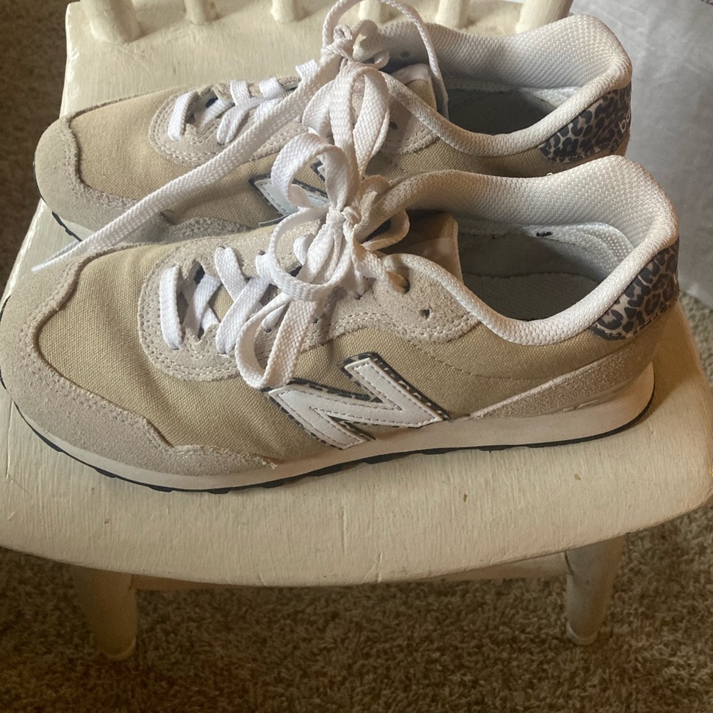 New Balance Beige & White Sneakers with Leopard Heel